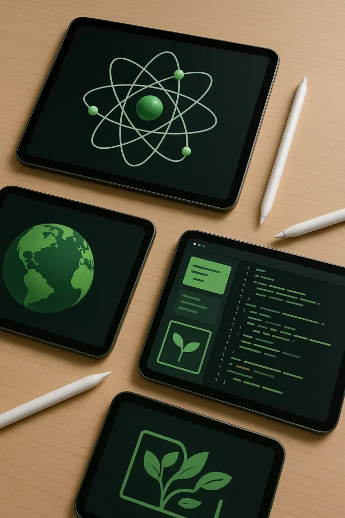 Advanced learning tools displaying how technology enhances classroom education with digital diagrams and interactive devices.