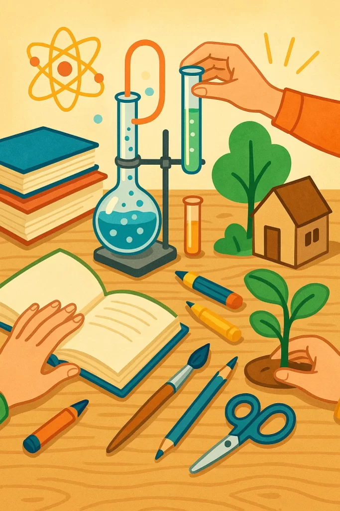 Hands-on learning with books, science experiments, and creative tools representing experiential learning at GNWS