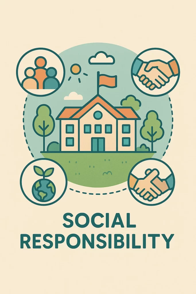 Symbolic illustration of social responsibility in schools, including community, environment, and teamwork icons, harmonious color palette, flat vector style, conceptual educational image