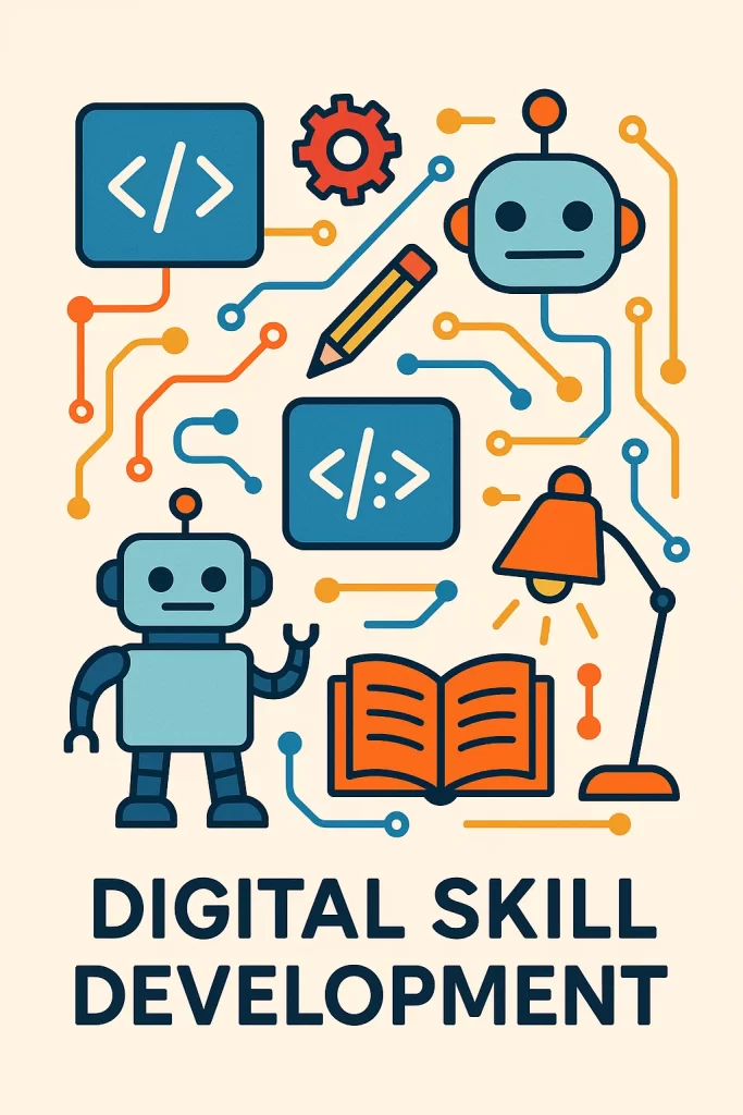 Abstract visual of technology-based education featuring coding symbols, robotics elements, and digital learning tools.