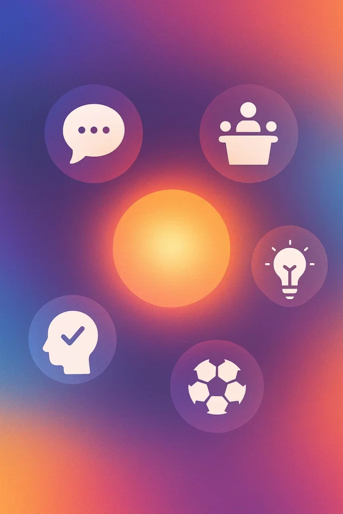 Creative illustration representing holistic skill development with icons for communication, leadership, creativity, and critical thinking.