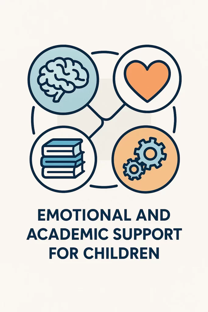 Conceptual image of emotional and academic support for children at the best nursery school in Greater Noida with icons of brain, heart, gears, and books