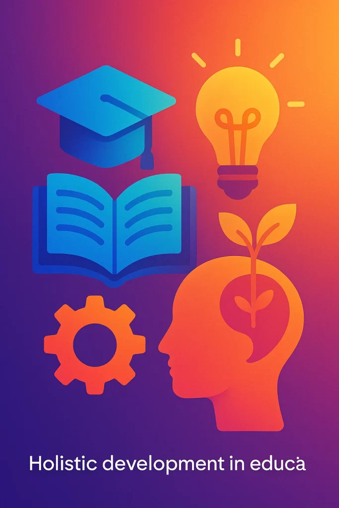 Abstract representation of holistic development and mentorship in schools in Greater Noida, showing icons for skills, knowledge, creativity, and personal growth