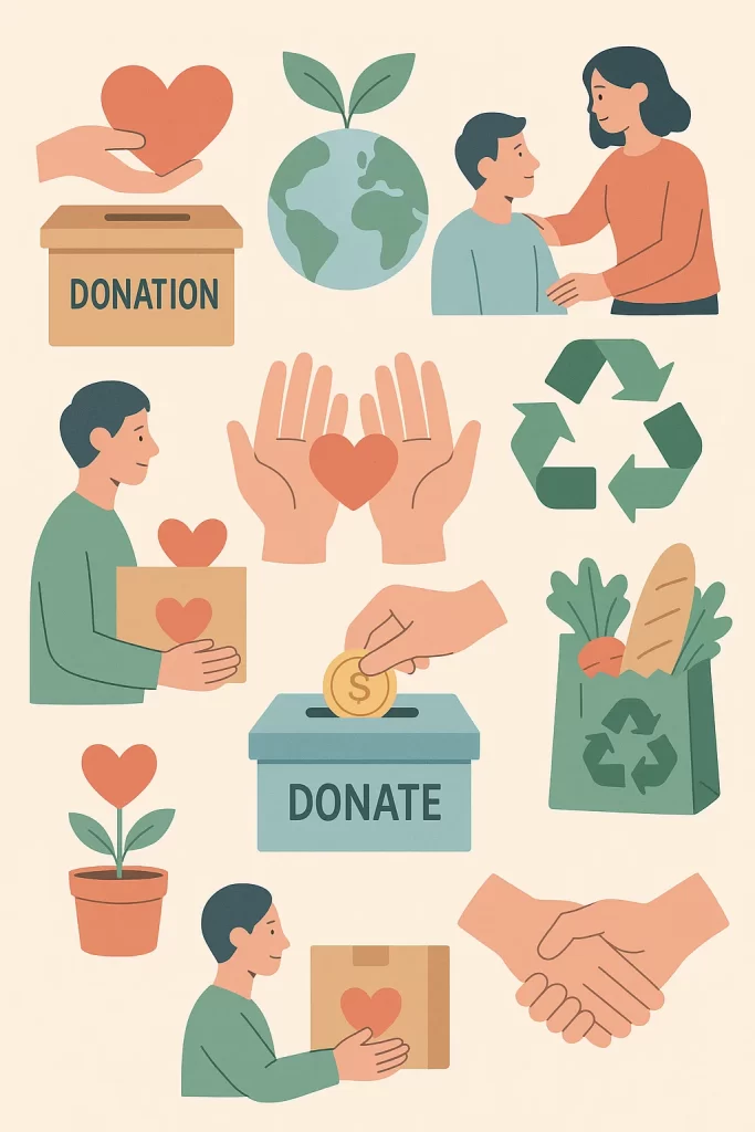 Community engagement at GNWS depicted with donation boxes, recycling, and eco-friendly initiatives