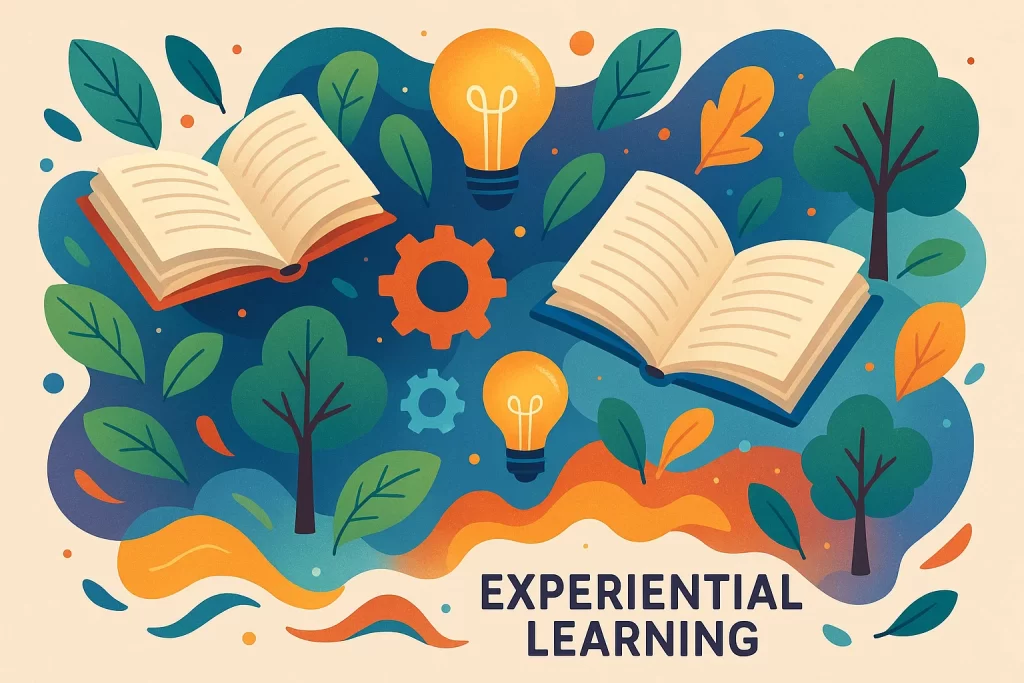 Experiential learning in education symbolized with books, gears, and nature elements