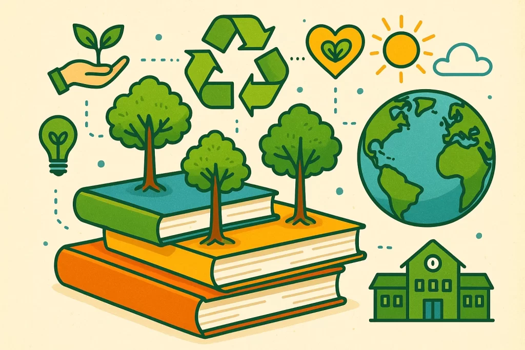 Education for sustainable development and social responsibility in schools represented with books and eco-icons