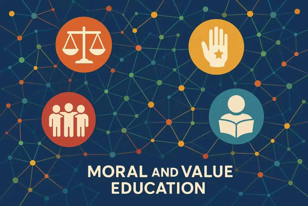 Digital Tools in GNWS supporting moral education and value education with abstract icons and network connections