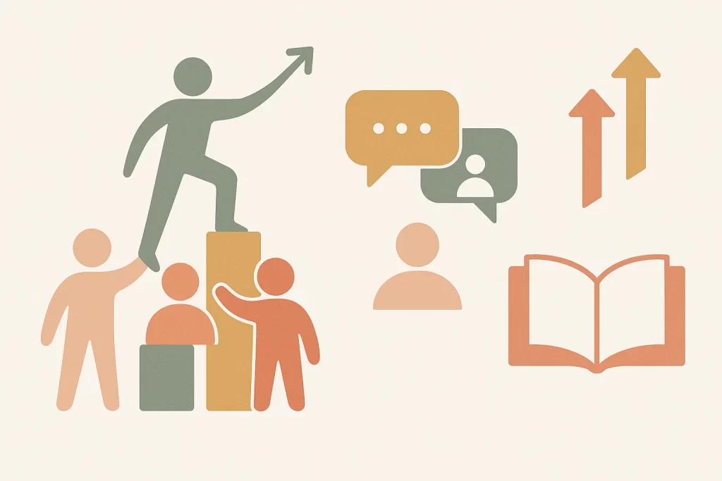 Abstract graphic showing teamwork, communication symbols, and growth elements representing leadership development in school.