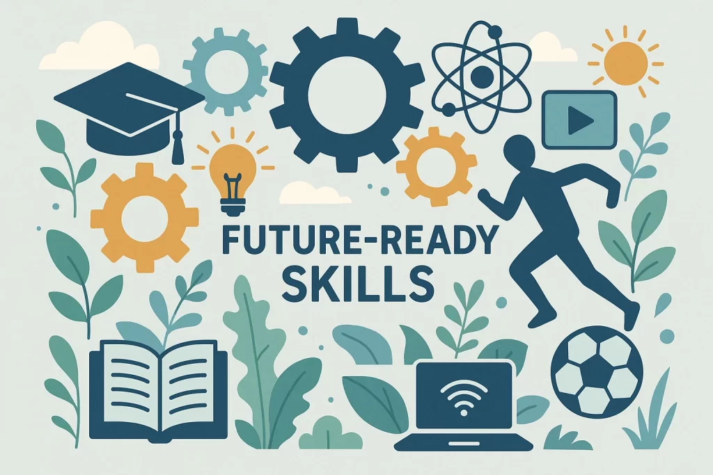 Conceptual illustration of future-ready skills with digital learning icons, gears, nature elements, and sports symbols.