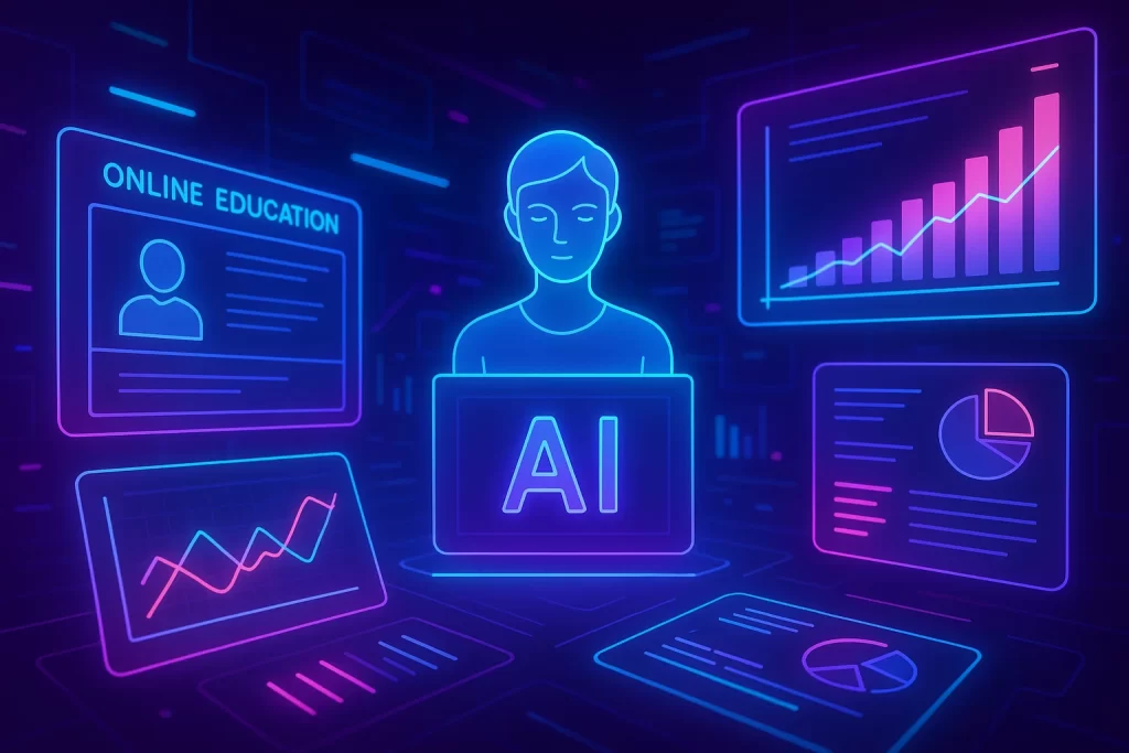 Abstract digital learning environment with AI tutors, interactive graphs, and data-driven tools showcasing personalized learning technology.