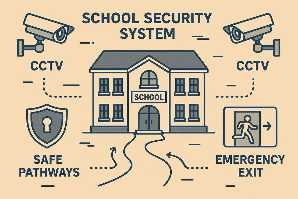 Illustration of school safety measures including CCTV, emergency exits, and secure pathways.