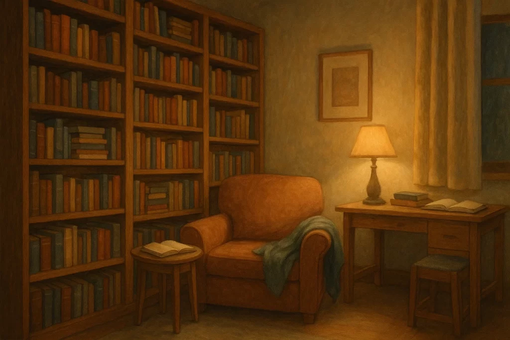 Comfortable study area with bookshelves and soft lighting for a calm learning environment.
