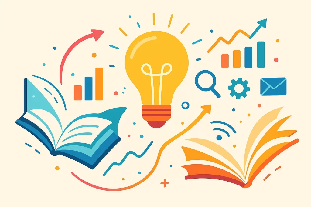 Abstract visualization of knowledge with books transforming into light bulbs, graphs, and digital icons, symbolizing innovation in education.