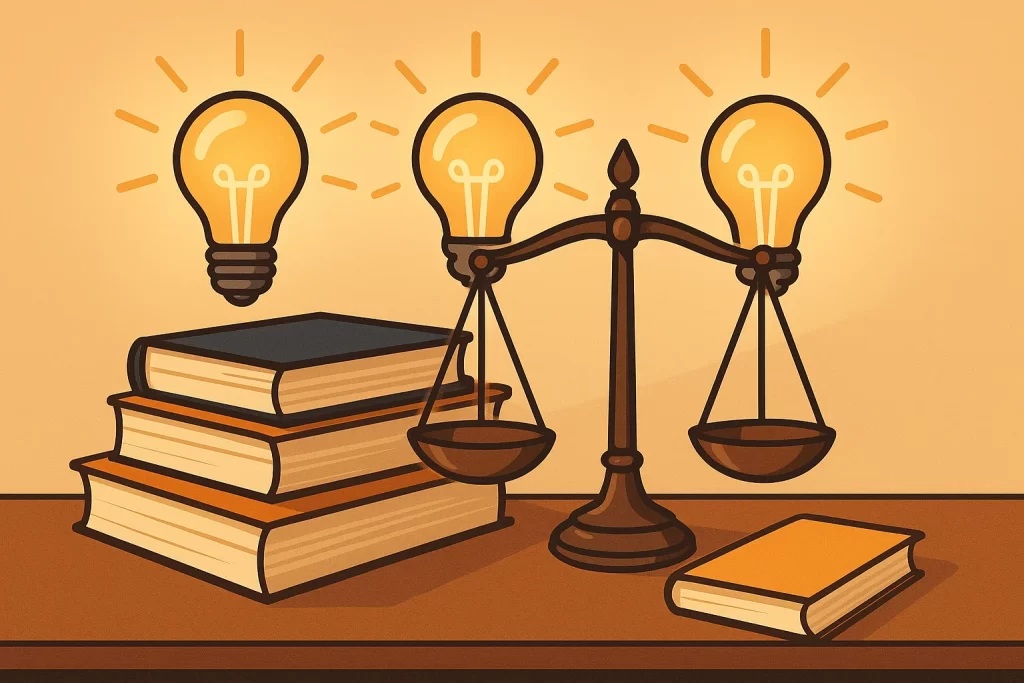 Illustration of books, scales, and light bulbs representing ethical learning and knowledge