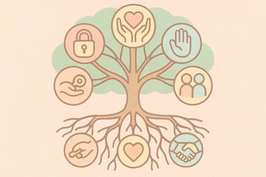 Illustration of a tree symbolizing growth of values like honesty, empathy, and responsibility