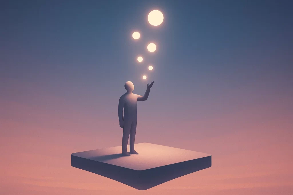 Artistic scene of a figure sculpting a glowing statue representing hard work and self-growth.