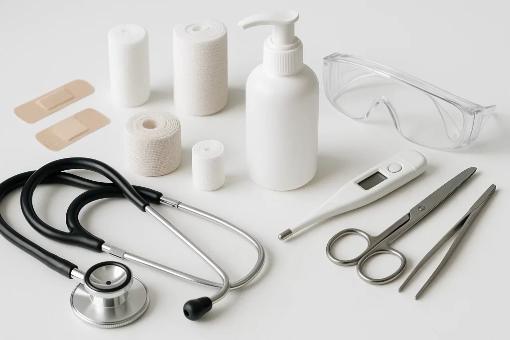 First-aid and medical equipment neatly arranged in the GNWS school clinic for student health support.