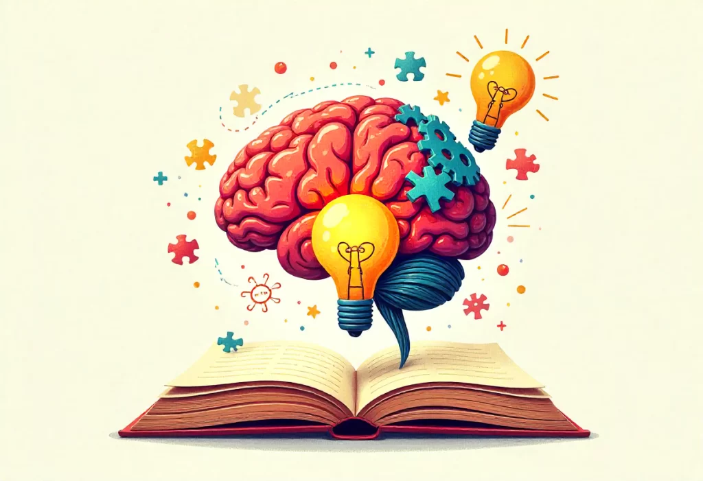 Abstract illustration representing student-centered learning at GNWS Greater Noida with brain, book, gears, and growth symbols.