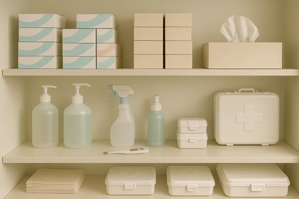 Organized school clinic supplies such as first-aid kits, disinfectants, and essential healthcare tools at GNWS