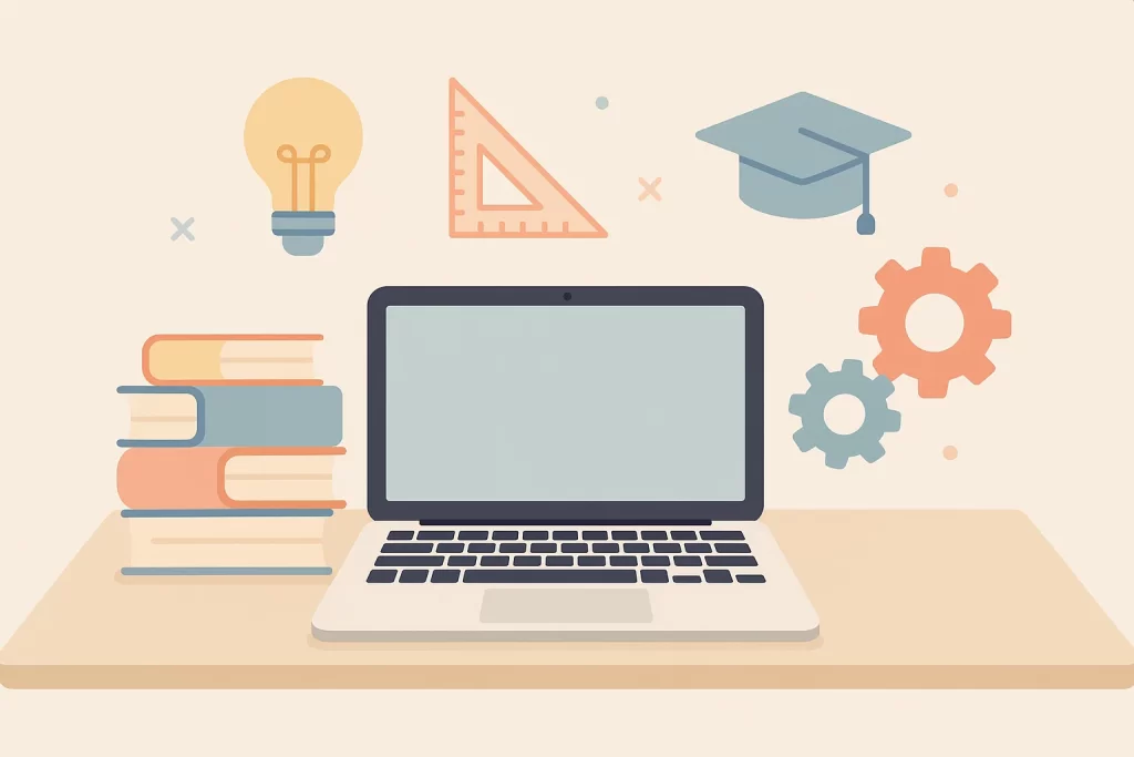 Minimal flat-design graphic of books, laptop, and abstract learning symbols on a desk.