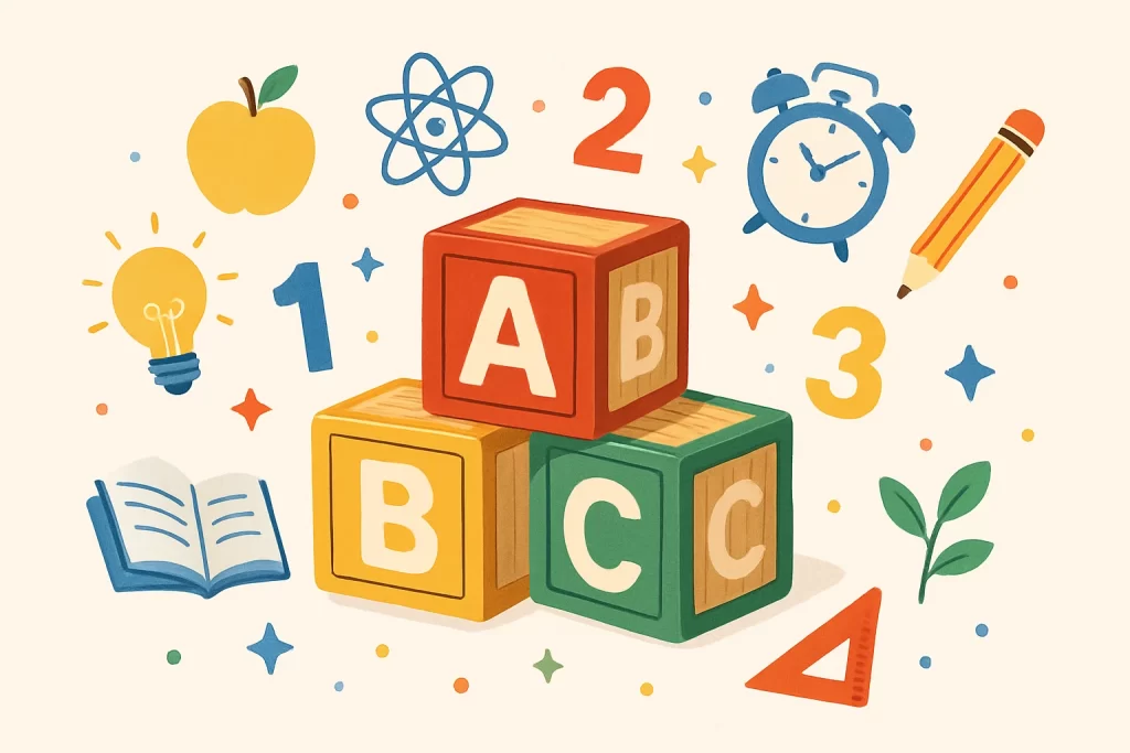 Creative illustration of early learning with ABC blocks and educational icons.