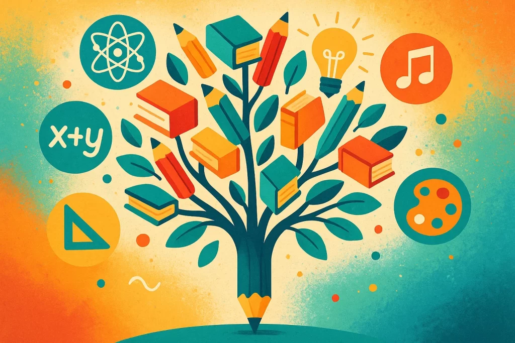 Tree made of books and pencils symbolizing holistic growth and learning