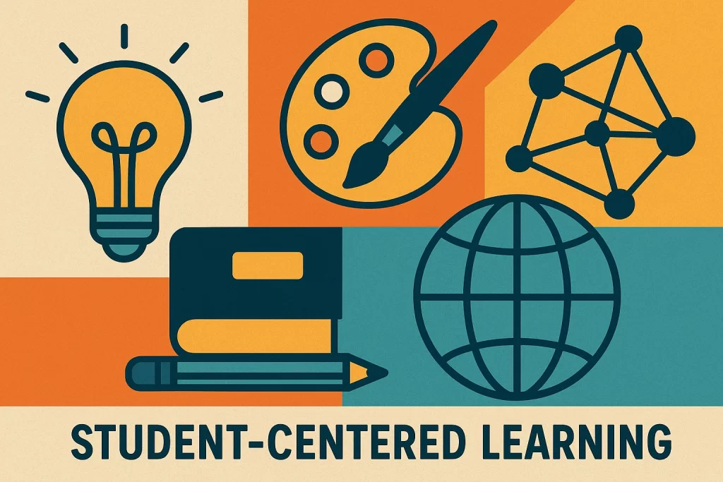 Abstract graphic of student-centered learning with interconnected global learning icons.