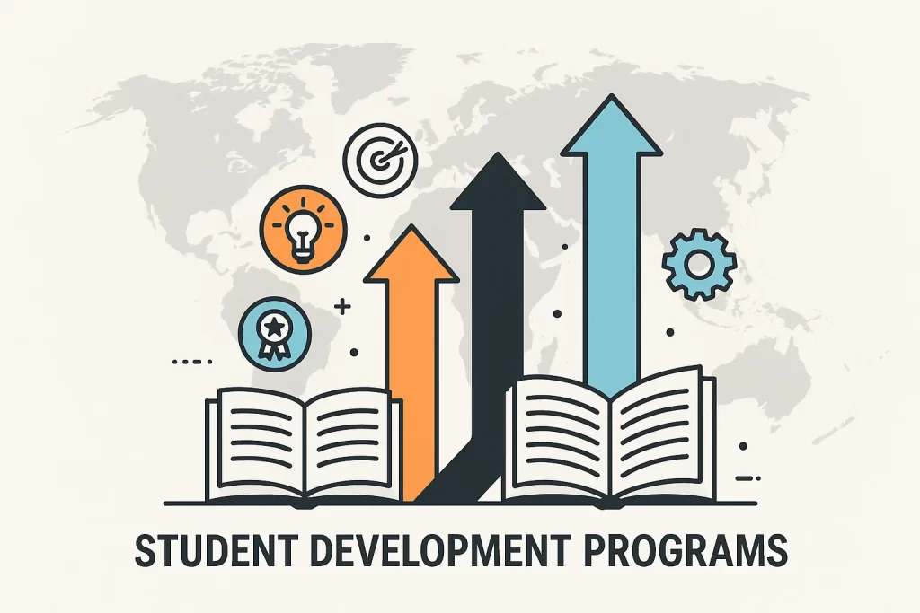 Vector illustration of student development programs with growth symbols and a global map.