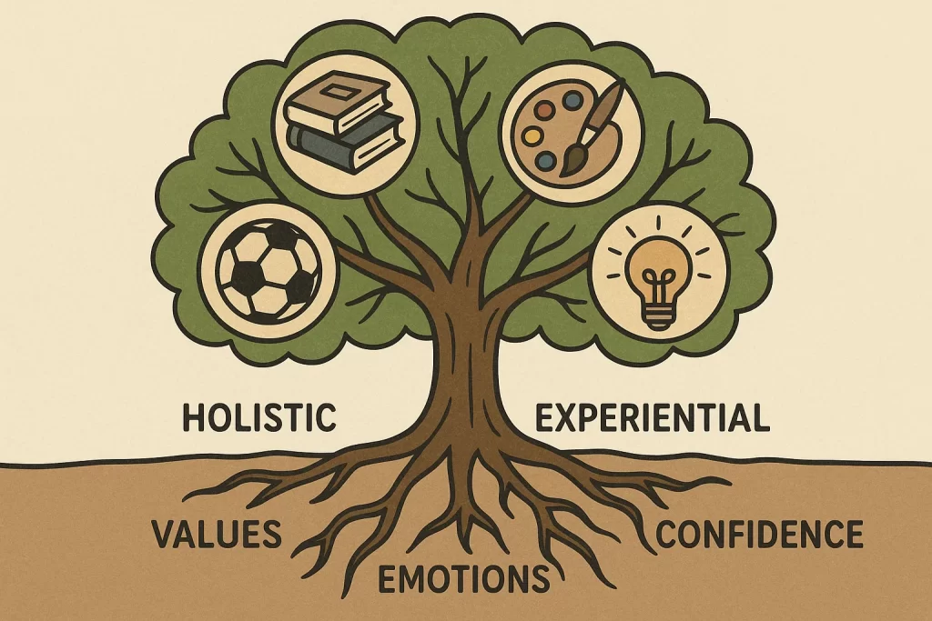 Tree diagram showing roots of values, emotions, and safety supporting holistic learning and student growth.