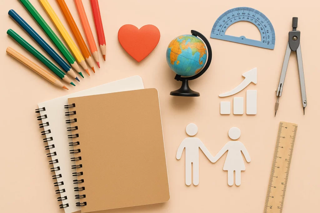 Educational objects and value-based icons arranged to show skill-building and holistic learning elements.