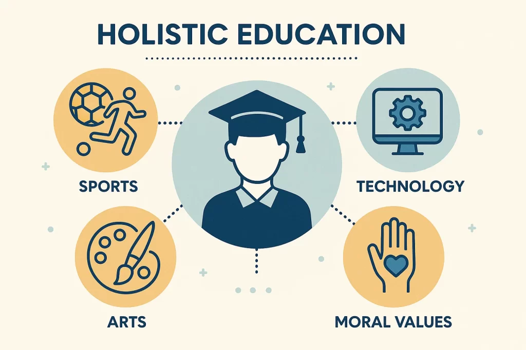 Holistic education and skill development concept with arts, sports, and moral values.