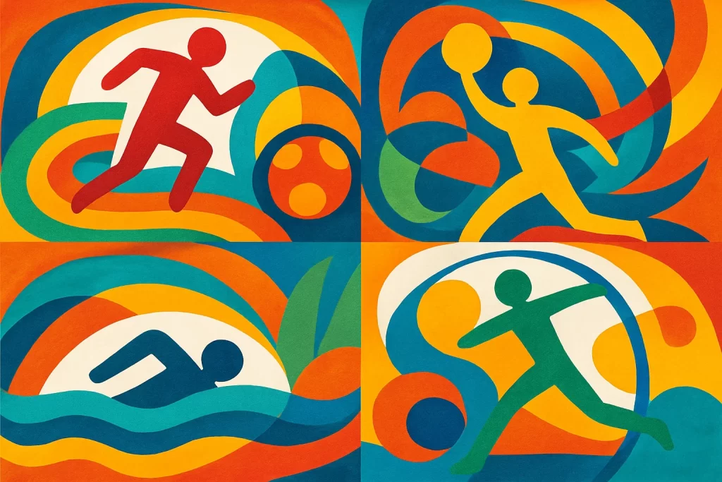 Abstract depiction of different sports activities conveying energy, motion, and inclusivity.