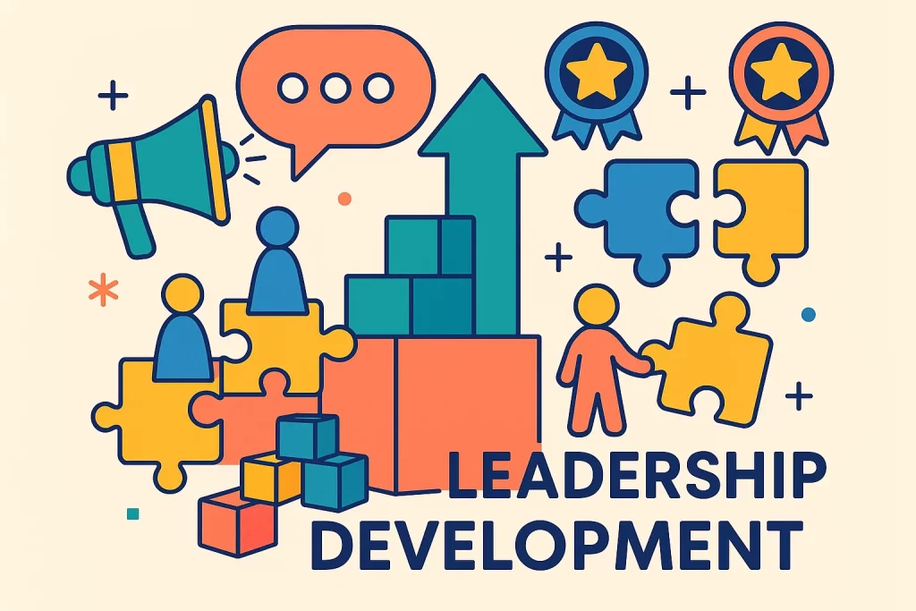 Graphic showing educational elements such as puzzle pieces, star badges, and communication icons symbolizing teamwork and leadership learning.