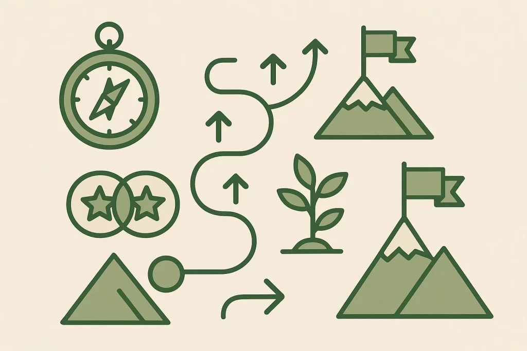 Abstract outdoor-style illustration with compass, arrows, plants, and achievement flags representing leadership, direction, and problem-solving skills.