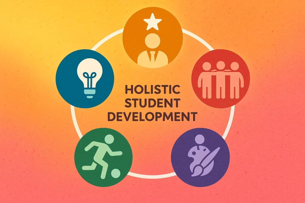 Graphic showing holistic student development and growth across academics, creativity, and teamwork