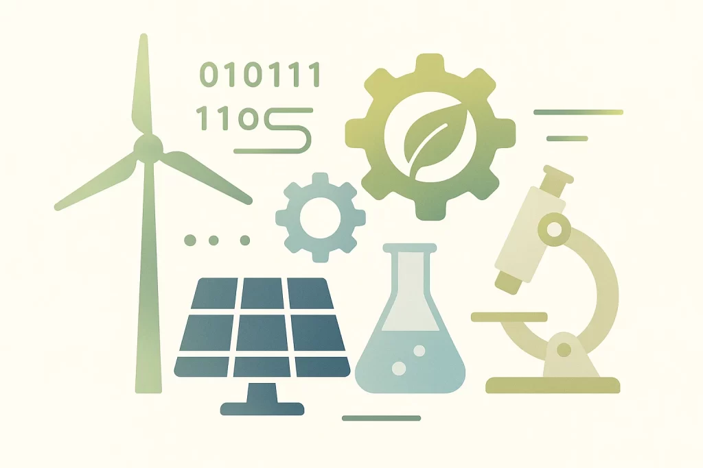 Abstract graphic blending STEM concepts with eco-friendly elements like solar grids, wind turbines, gears, and scientific tools.