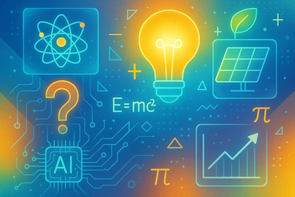 Holographic STEM symbols, AI circuits, mathematical icons, and green energy elements arranged in a bright futuristic layout.