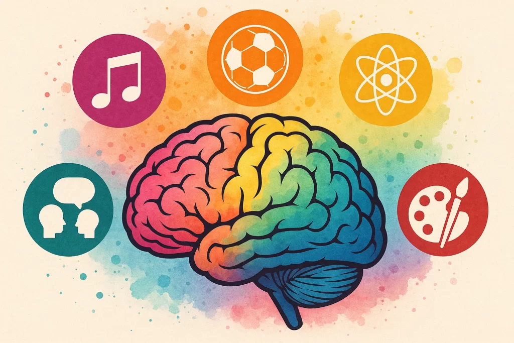 Brain surrounded by icons of music, sports, science, and arts representing cognitive growth through extracurriculars.