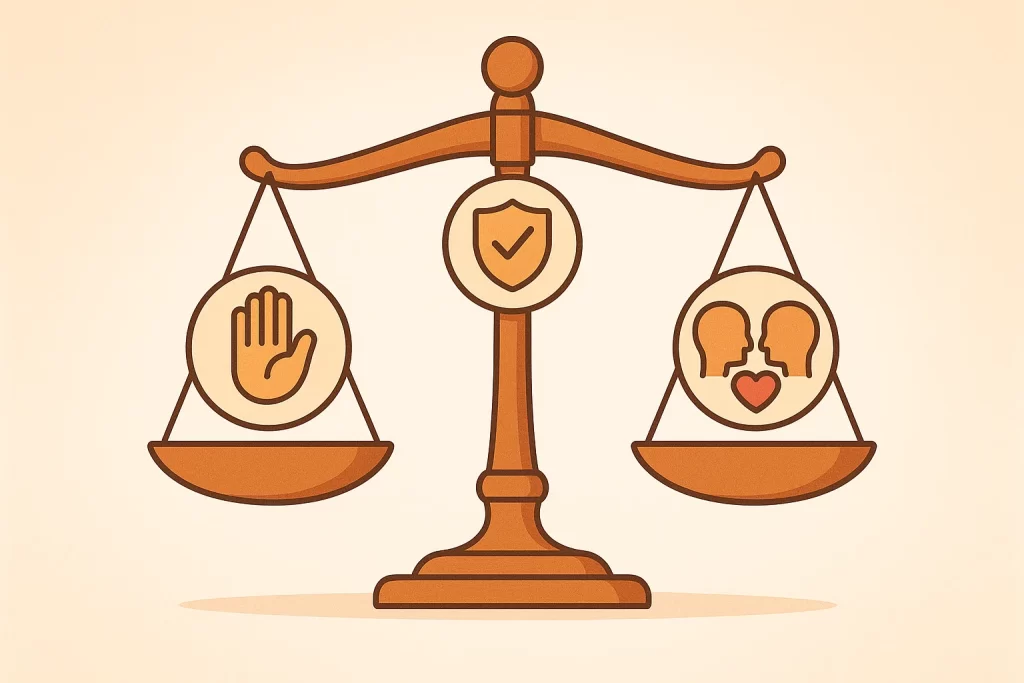 Balanced scales with icons of honesty, empathy, and integrity representing moral and value education.