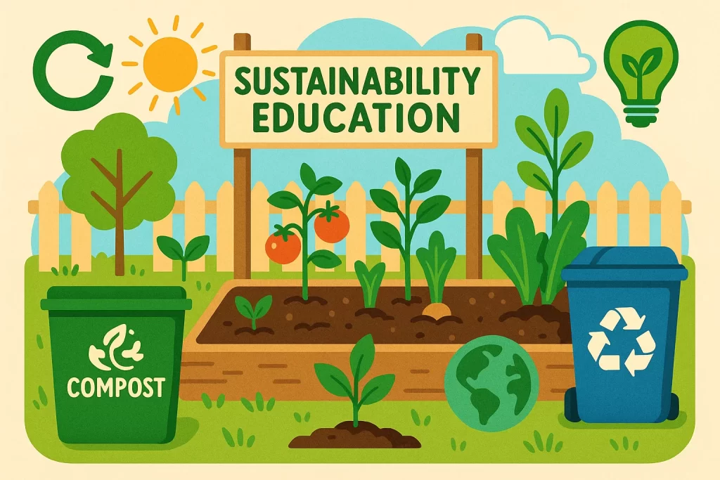 School sustainability education concept with plants, compost bins, and recycling symbols promoting environmental responsibility