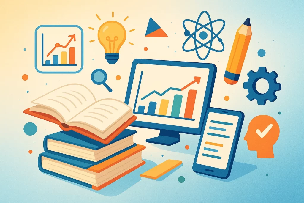 Abstract educational concept with books, digital devices, and creative learning icons symbolizing holistic development and academic growth.