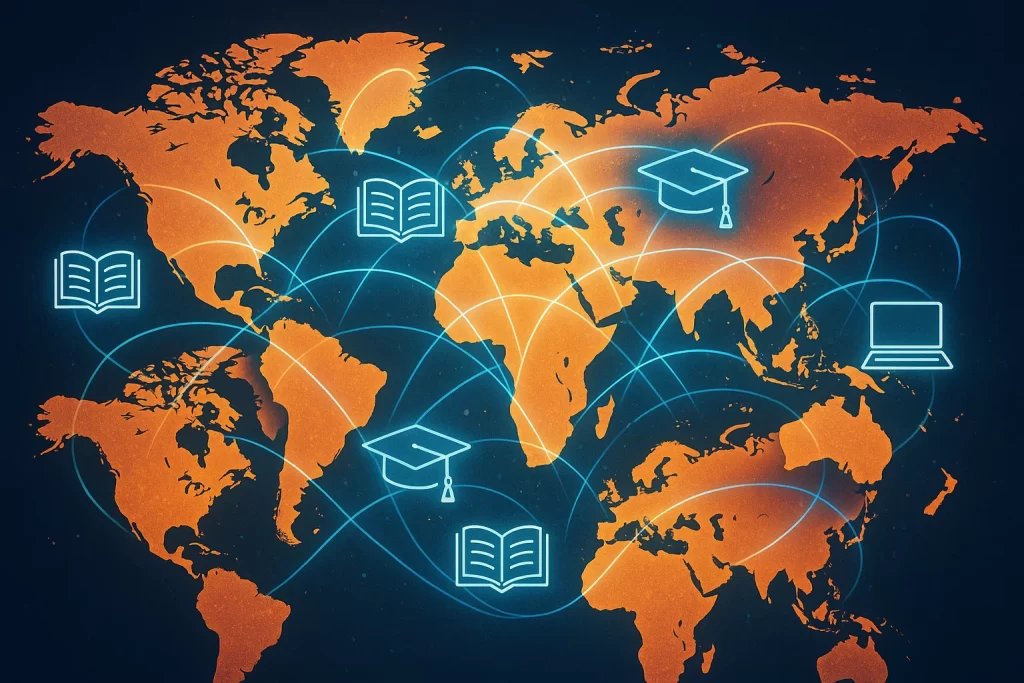 Global collaboration and cultural exchange illustrated with connected world maps and learning symbols.