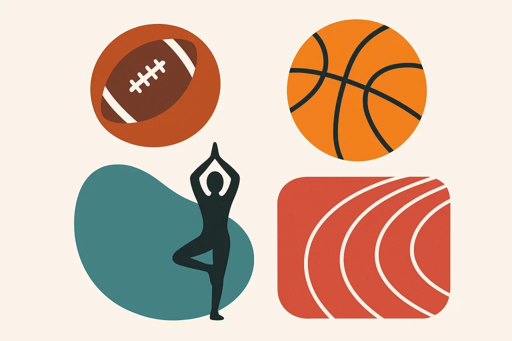 Abstract sports elements like football, basketball, and yoga symbols representing physical development.