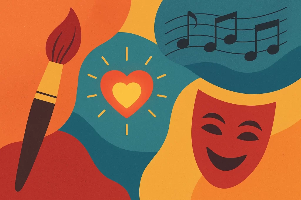 Creative abstract icons of art, music, theatre, and values representing holistic learning.