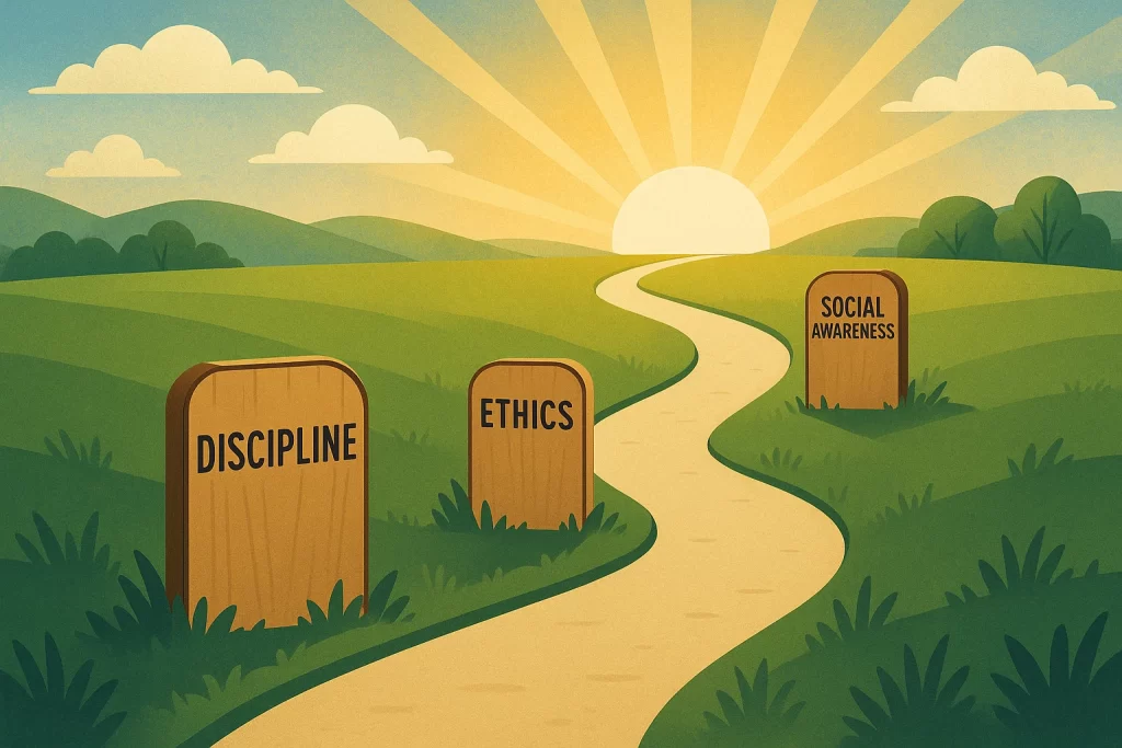 Pathway leading to a bright horizon with milestones of discipline, ethics, and social awareness representing growth and responsibility