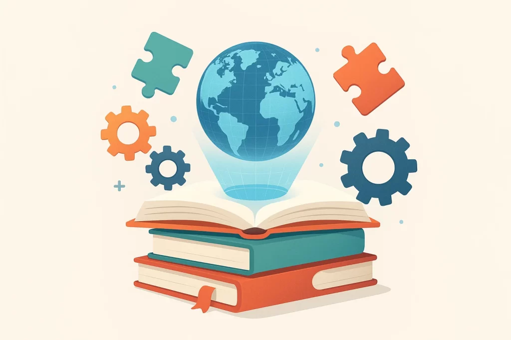 Illustration of books, gears, and a hologram world map symbolizing student-centered learning and holistic development.
