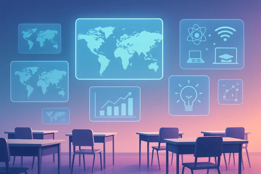 Futuristic classroom with digital screens and world map graphics showing technology integration and global education.