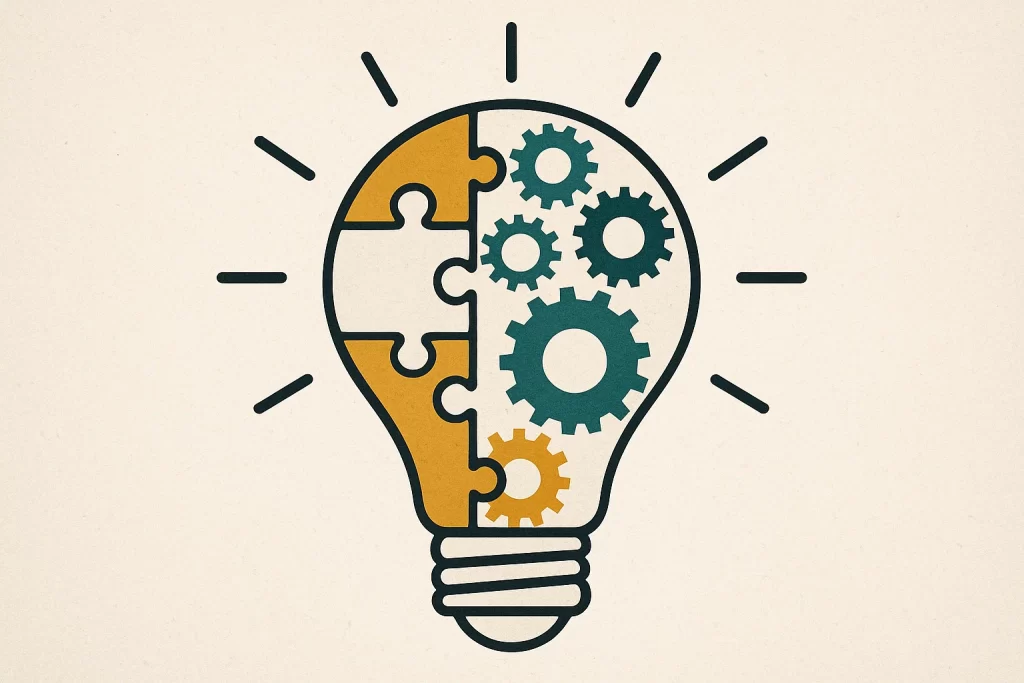 Conceptual image of a lightbulb with gears and puzzle pieces representing experiential learning and critical thinking.