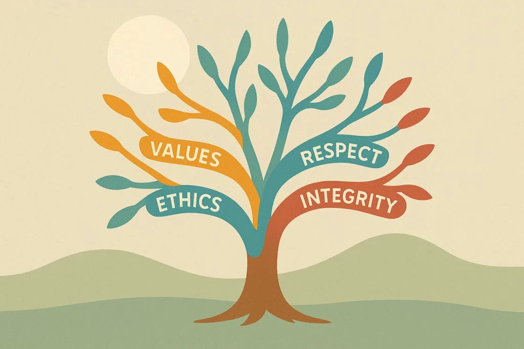 Abstract tree illustration representing moral and value education with colorful branches labeled with core values.