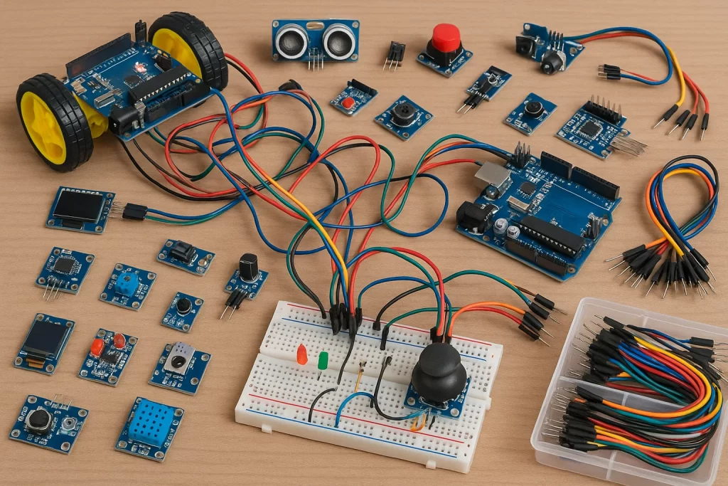 Robotics and electronics kits with sensors, wires, and microcontrollers arranged for hands-on learning and innovation.